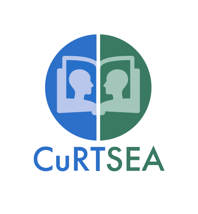 Half blue, half green CuRTSEA circle logo with an open book inside with two people facing each other
