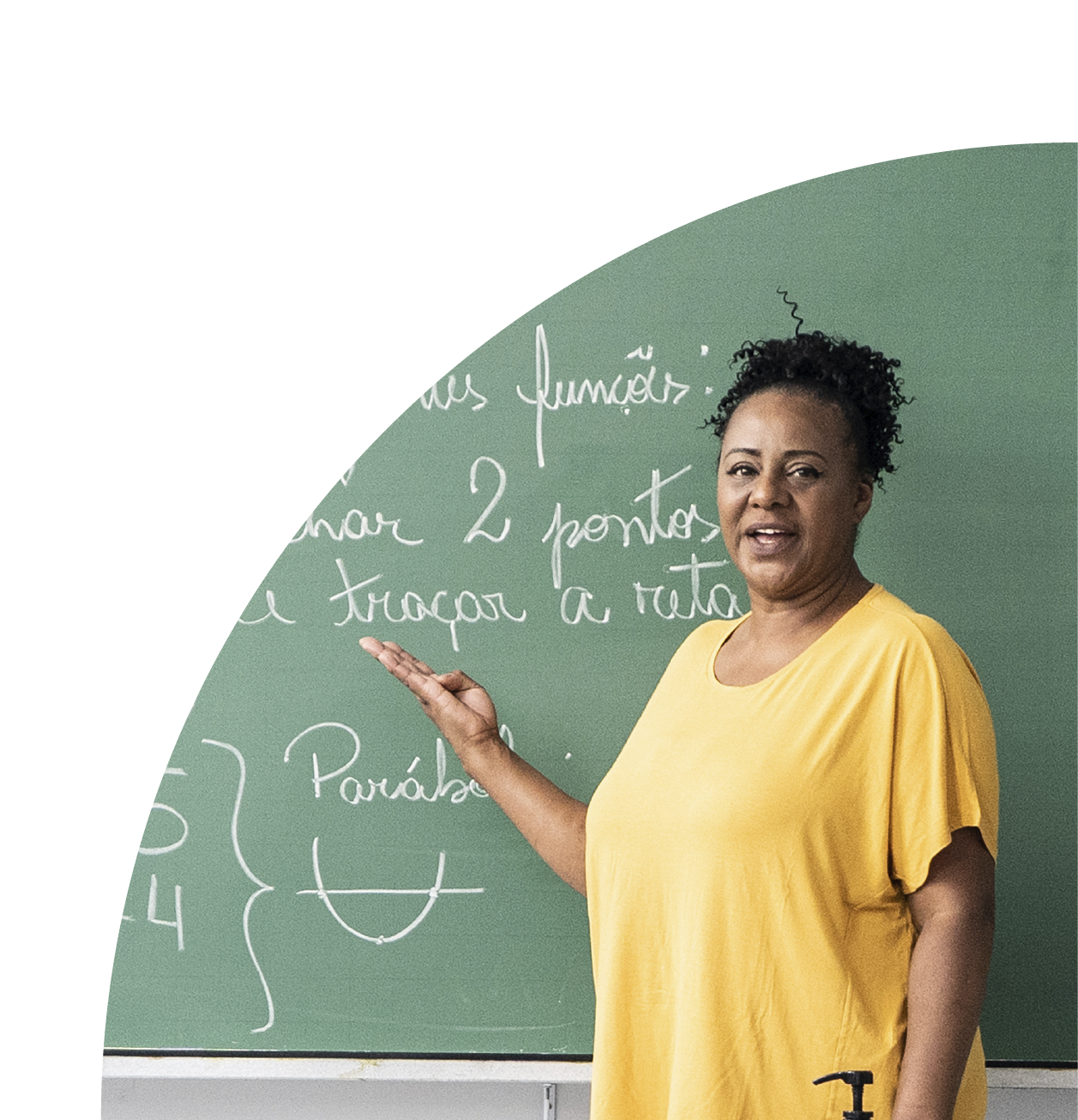Half circle image of a woman in front of a green board with chalk
